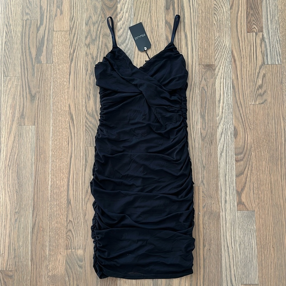 Stella Luce Rusched Sheath Dress sz Medium Women's Spaghetti Mesh Overlay Black